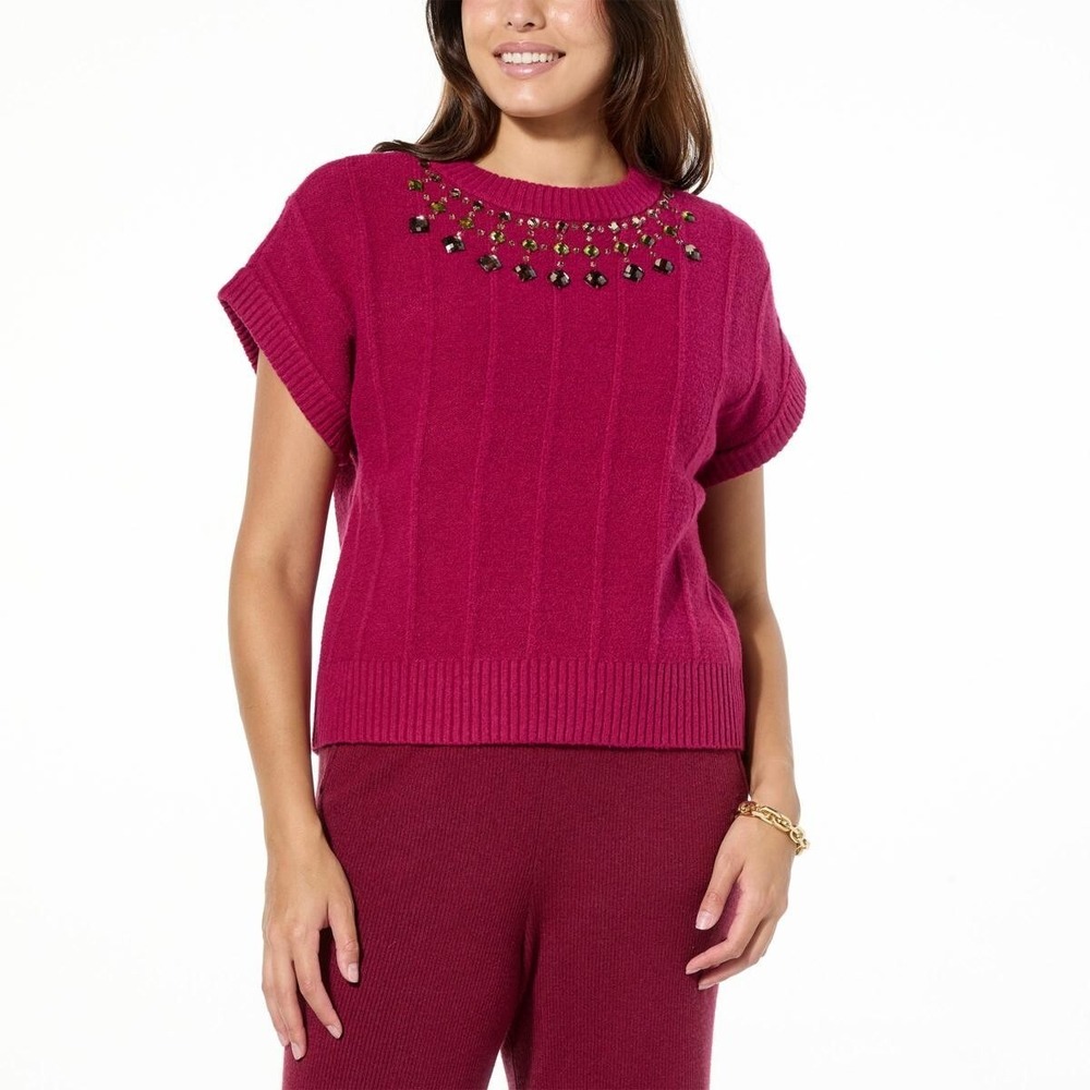 LB70 by Lloyd Boston Glimmer Boxy Jeweled Sweater Raspberry Radiance L A000748